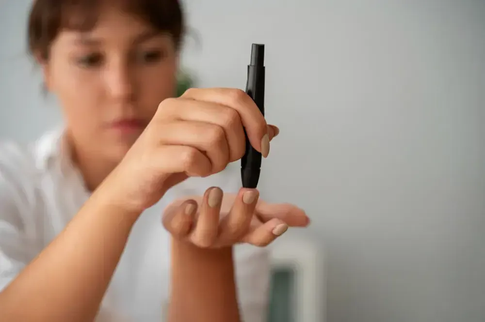 Mulher usa medidor de glicose para sua resistência à insulina.
