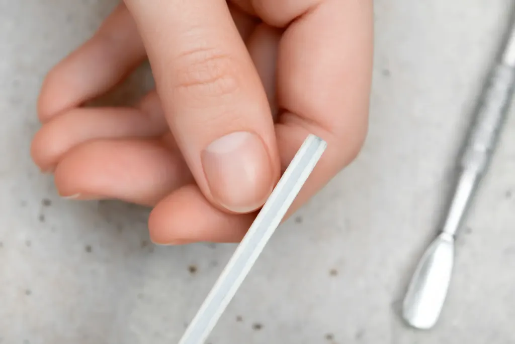 Unhas estão ao lado de empurrador de cutículas e demonstram um dos cuidados para a saúde das unhas.