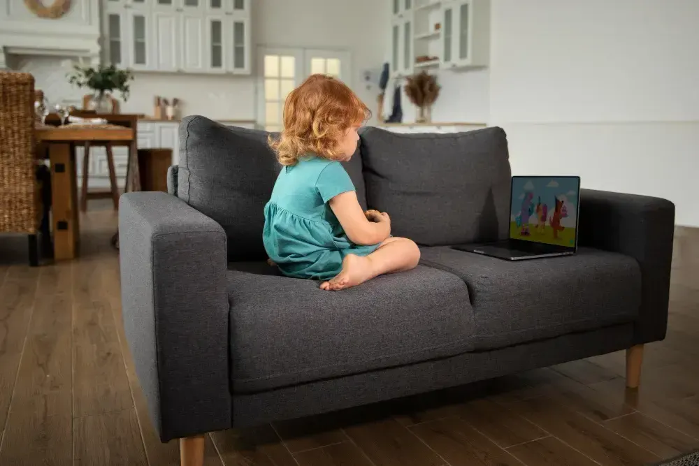 Criança sentada em um sofá, assistindo desenho no computador. A imagem ilustra o sedentarismo infantil.